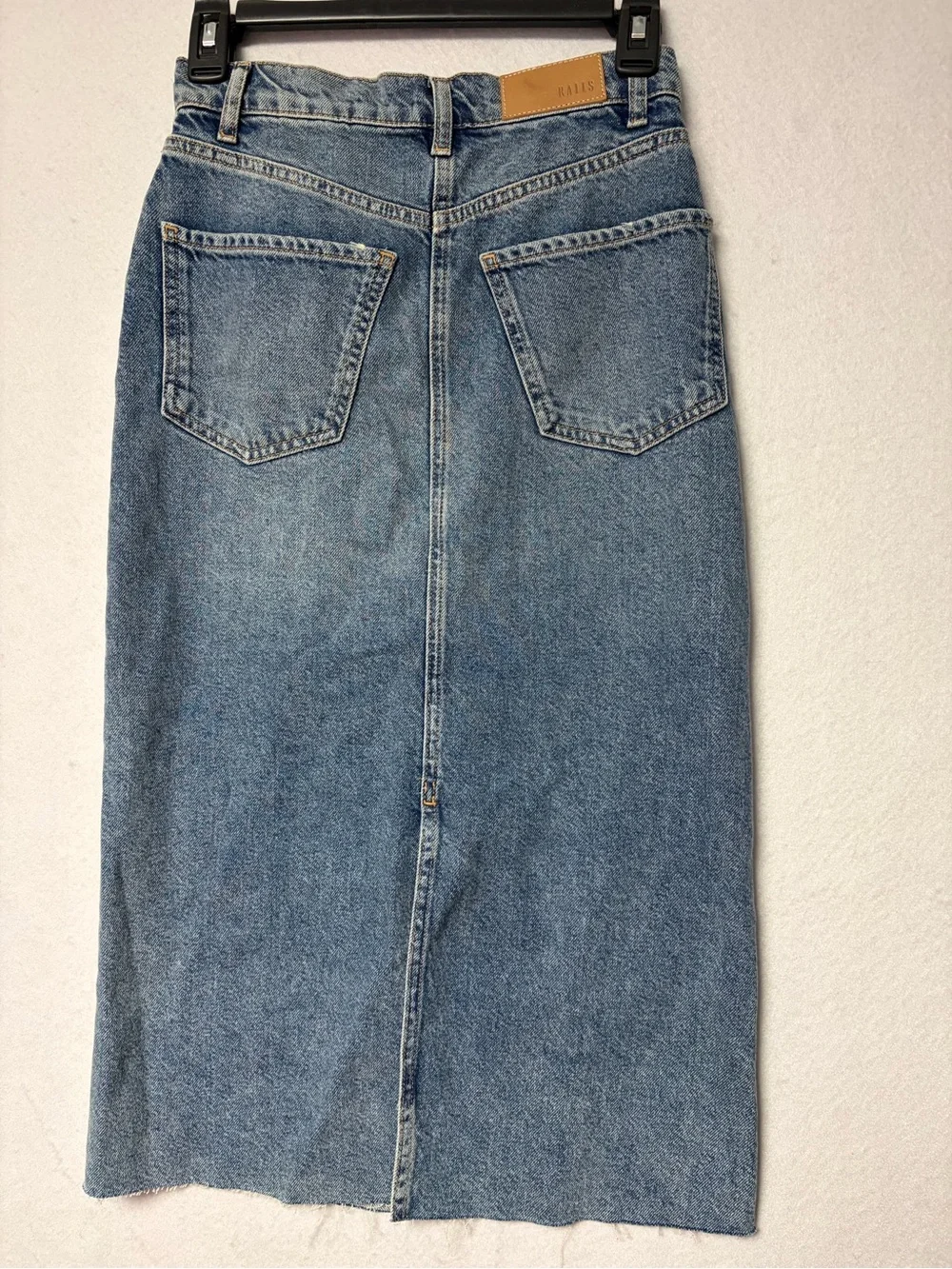 RAILS Highland Denim Midi Skirt Raw Hem Blue Wash Quiet Luxury Minimalist  Sz 24
